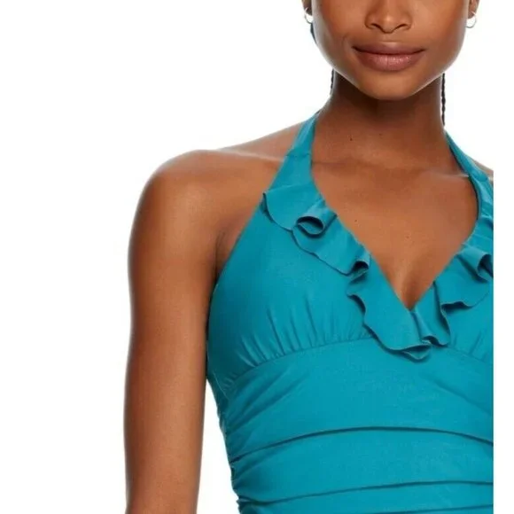 Birdsong Size 34G Teal Blue Ruffle Halter Underwire Tankini Swim Top Ruched - Picture 5 of 11